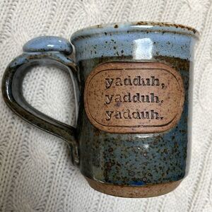 Artisan glazed coffee cup. Pottery. Stoneware. Yadduh, yaddah, yaddah 2 toned